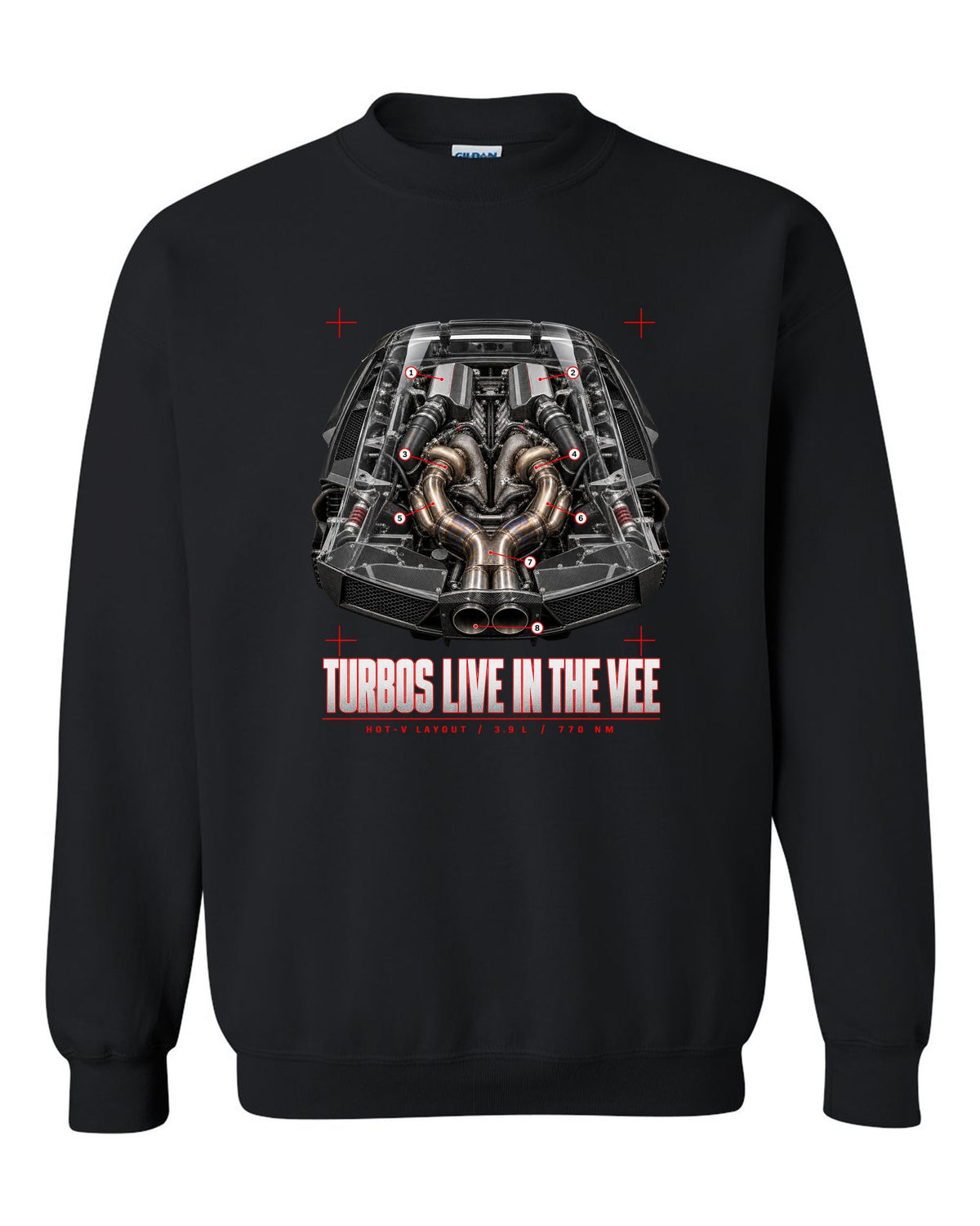 Engine cover callout print of a Ferrari F8 Tributo with hot-V layout, 3.9 L and 770 Nm black crewneck front view with the design
