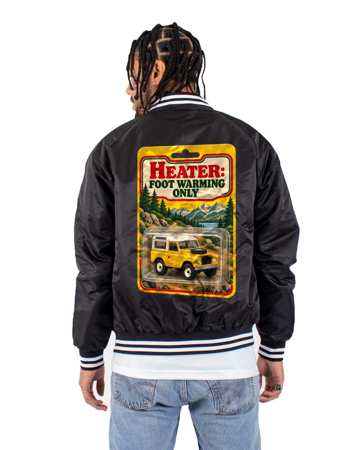 Land Rover Defender 90 Toy Blister Card Heater Joke Tee Bomber Jacket Black back