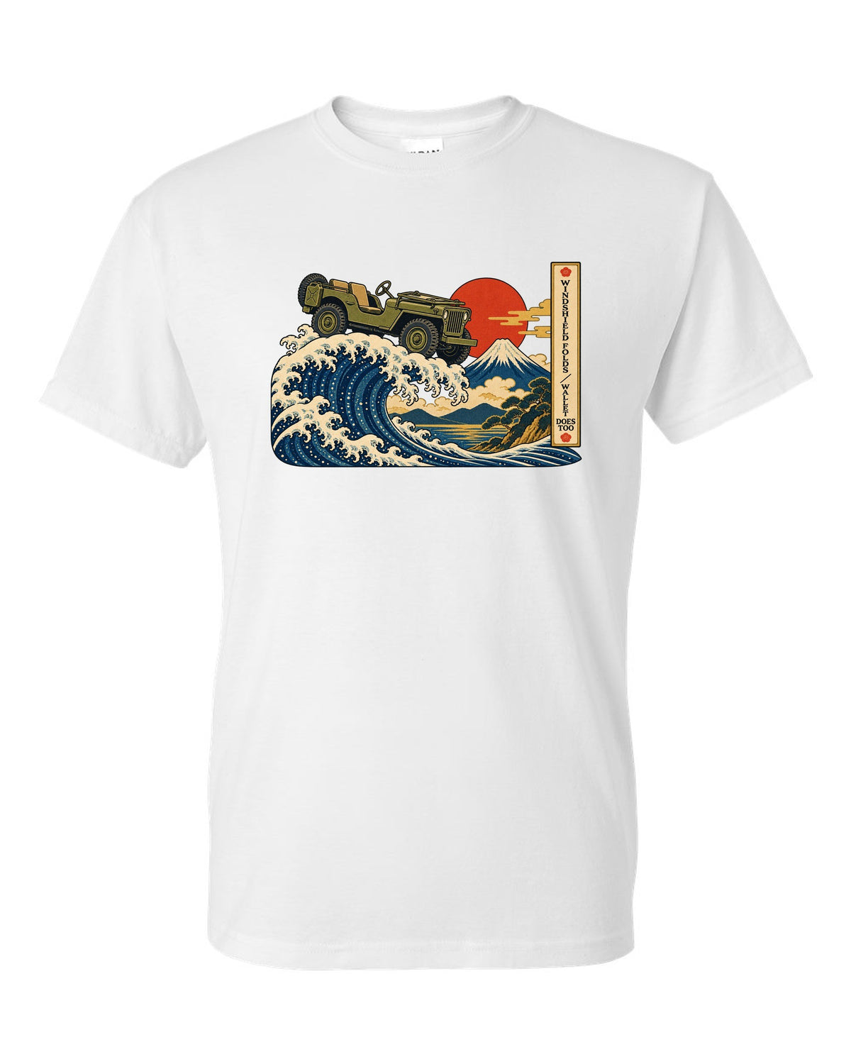 Ukiyo-e woodblock great wave print of a Willys MB with windshield joke text white t-shirt front view with the design
