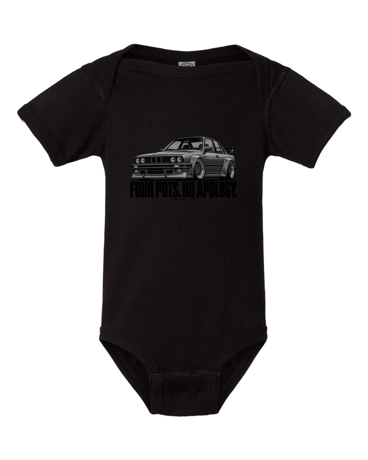 BMW E30 M3 Sport Evo halftone print with S14B25 2,467 cc and 238 PS text black baby onesie front view with the design