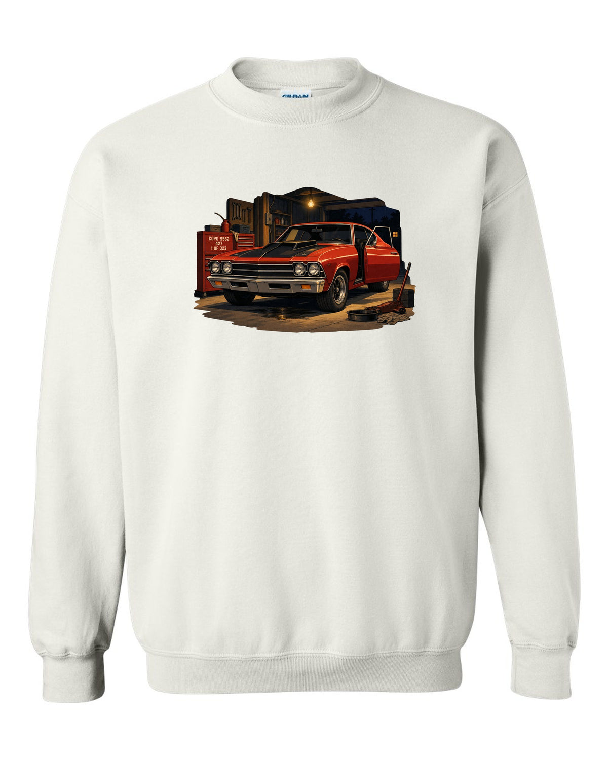 Cel-shaded anime print of a 1969 Chevelle COPO in a night garage with the text COPO 9562, 427, 1 of 323 white crewneck front view with the design