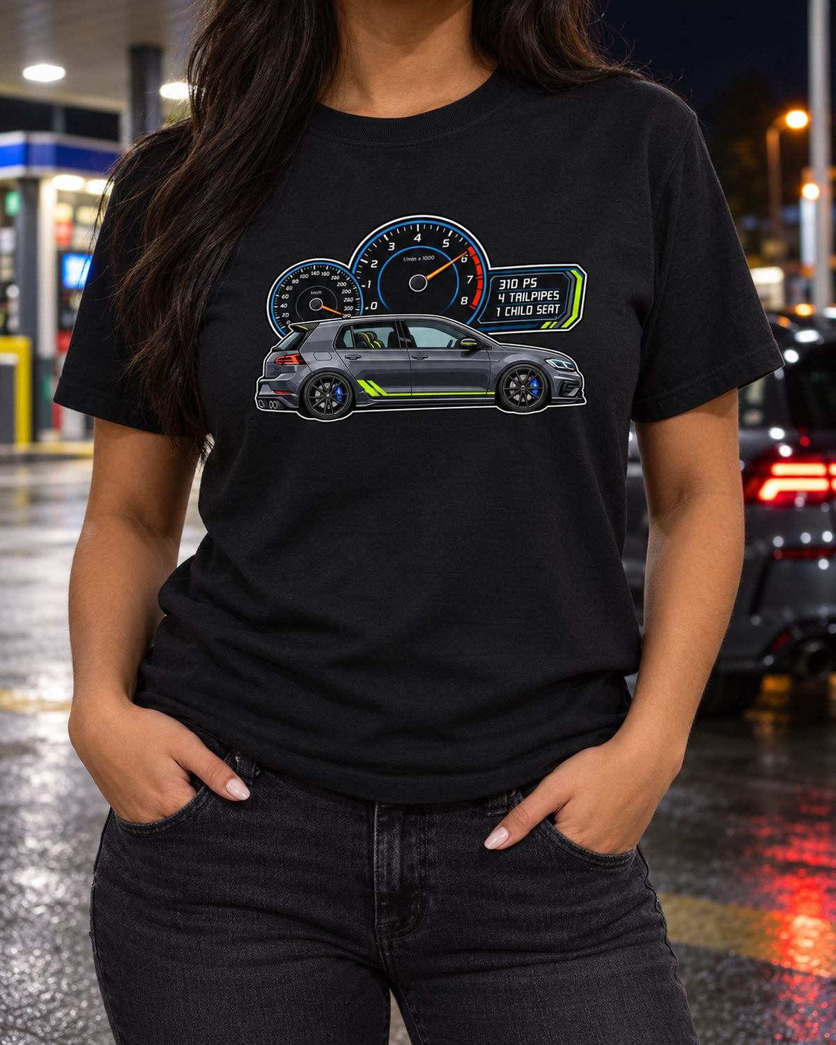 Golf R Mk7.5 Gauge Cluster Shirt, 310 PS Family Car Humour T-Shirt Black worn hero