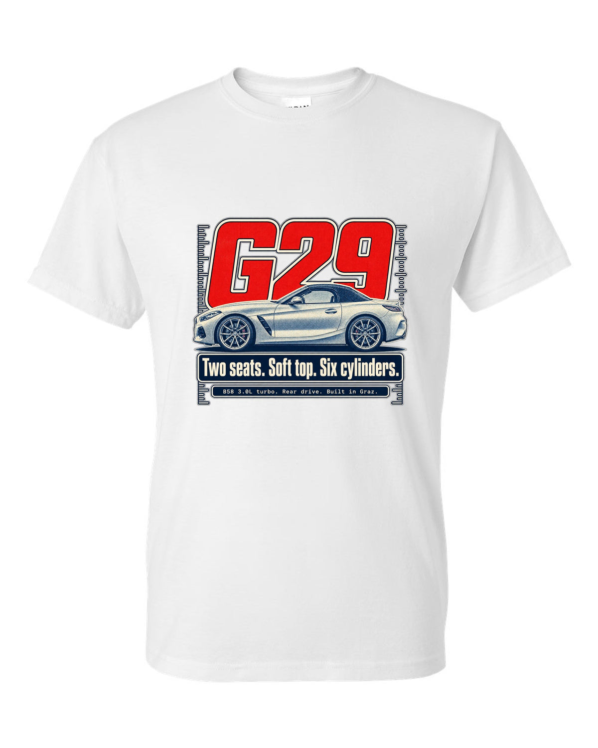 Halftone print of the BMW Z4 G29 roadster with two seats and six cylinders text white t-shirt front view with the design