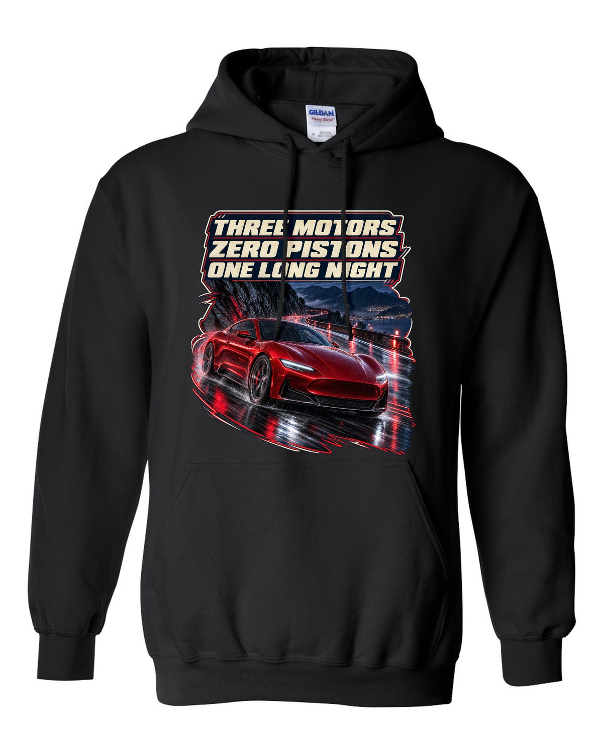 Maserati GranTurismo Folgore night street print black pull over hoodie front view with the design