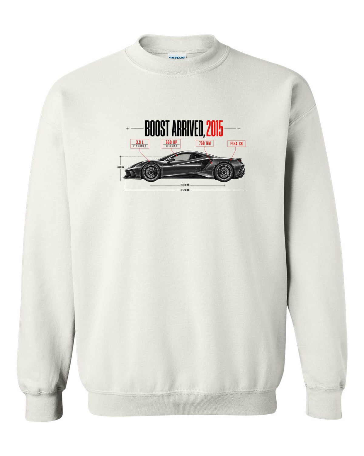 Spec poster print of a Ferrari 488 GTB F154 CB with Boost Arrived 2015, 3.9 L, 660 hp, 760 Nm white crewneck front view with the design