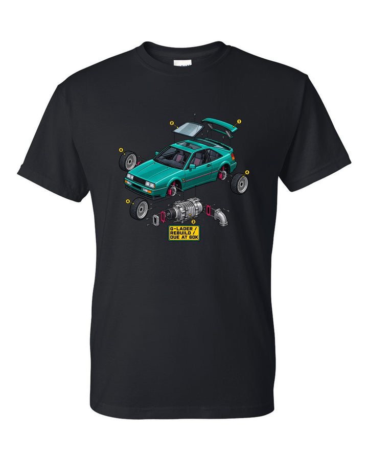 Exploded cutaway engine illustration of a VW Corrado G60 with G-Lader rebuild due at 60K text black t-shirt front view with the design