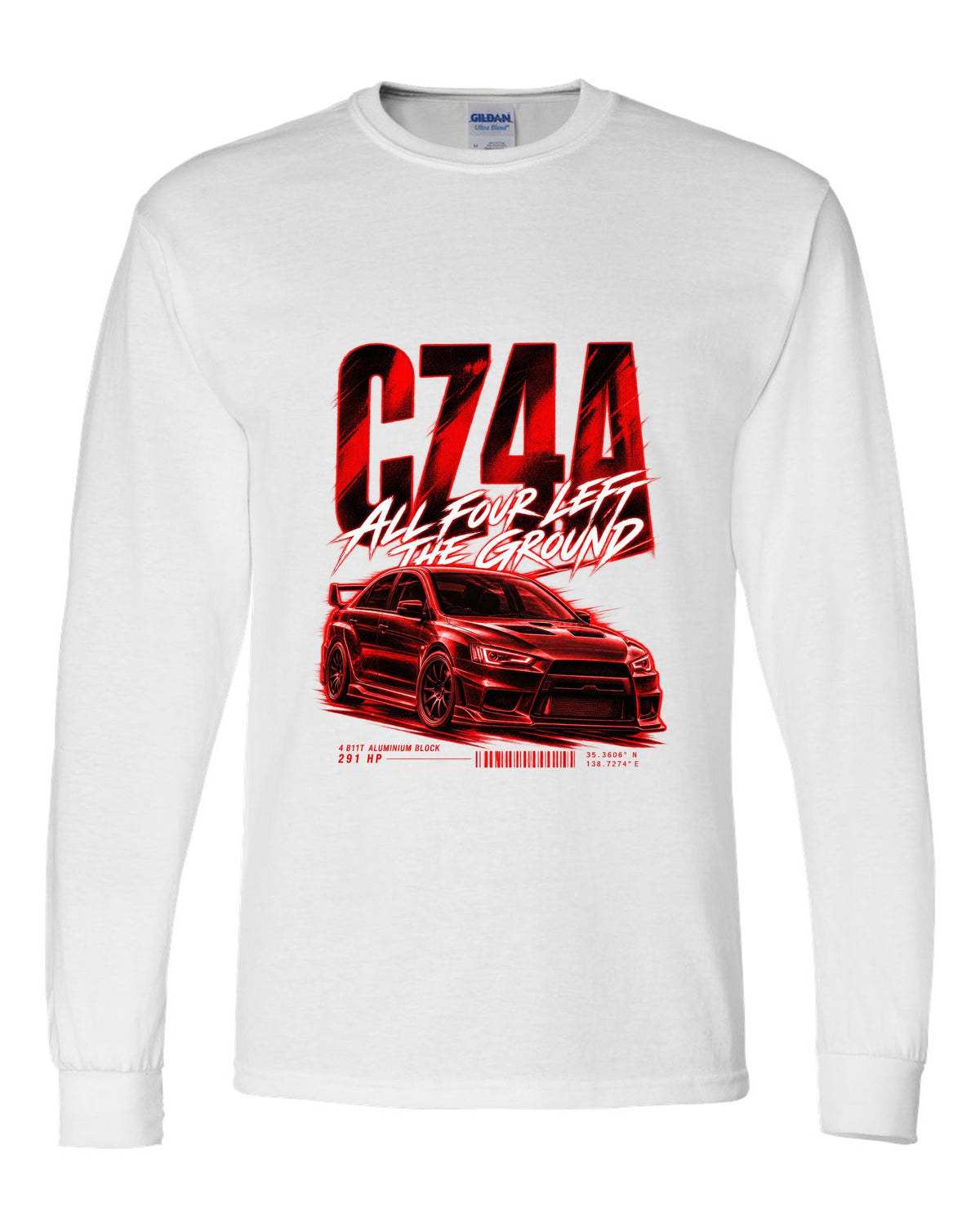 Mitsubishi Lancer Evolution X CZ4A street poster print with 4B11T and 291 HP text white long sleeve front view with the design