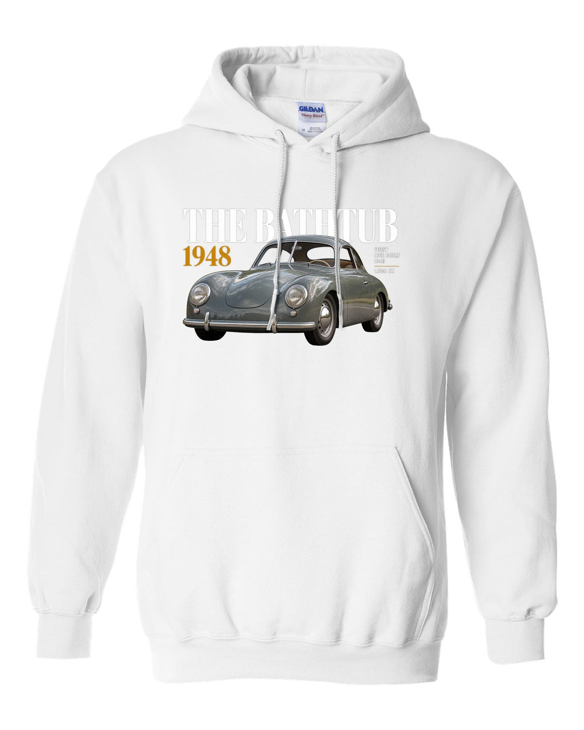 Editorial headline print of the 1948 Porsche 356 Pre-A coupe nicknamed the Bathtub white pull over hoodie front view with the design