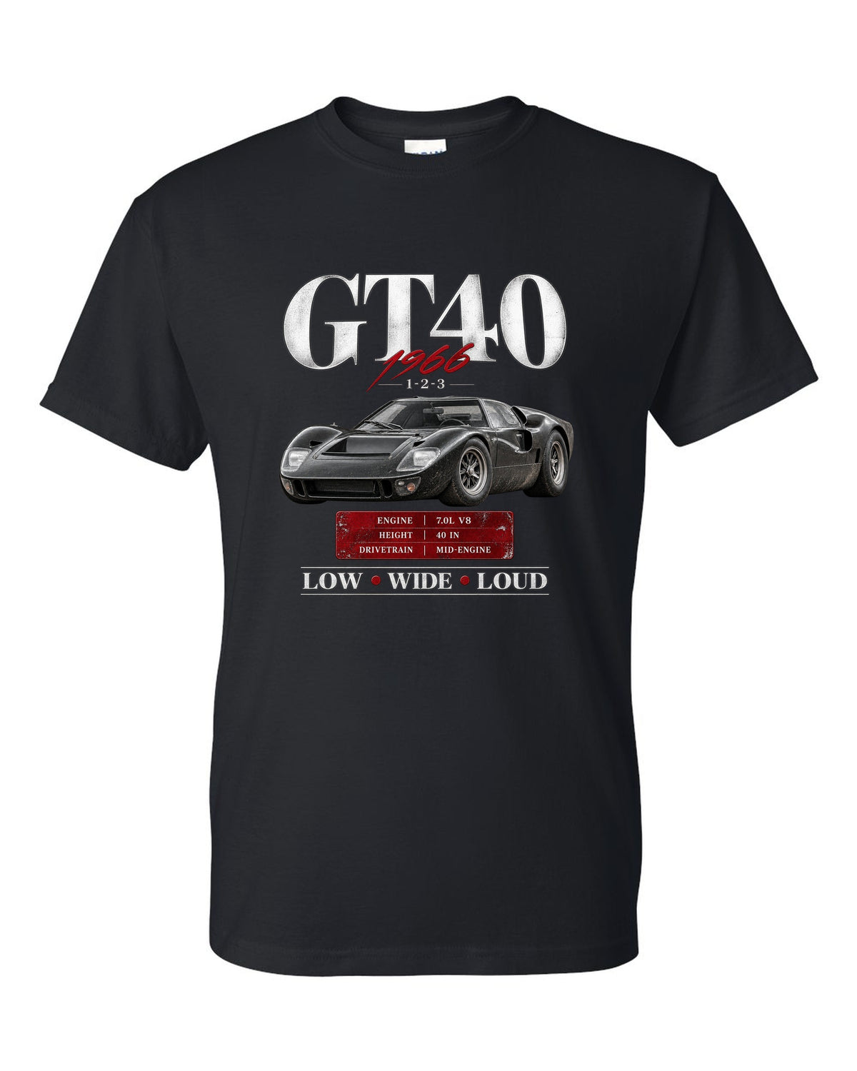 Archive panel print of a 1966 Ford GT40 Mk II with spec callouts black t-shirt front view with the design