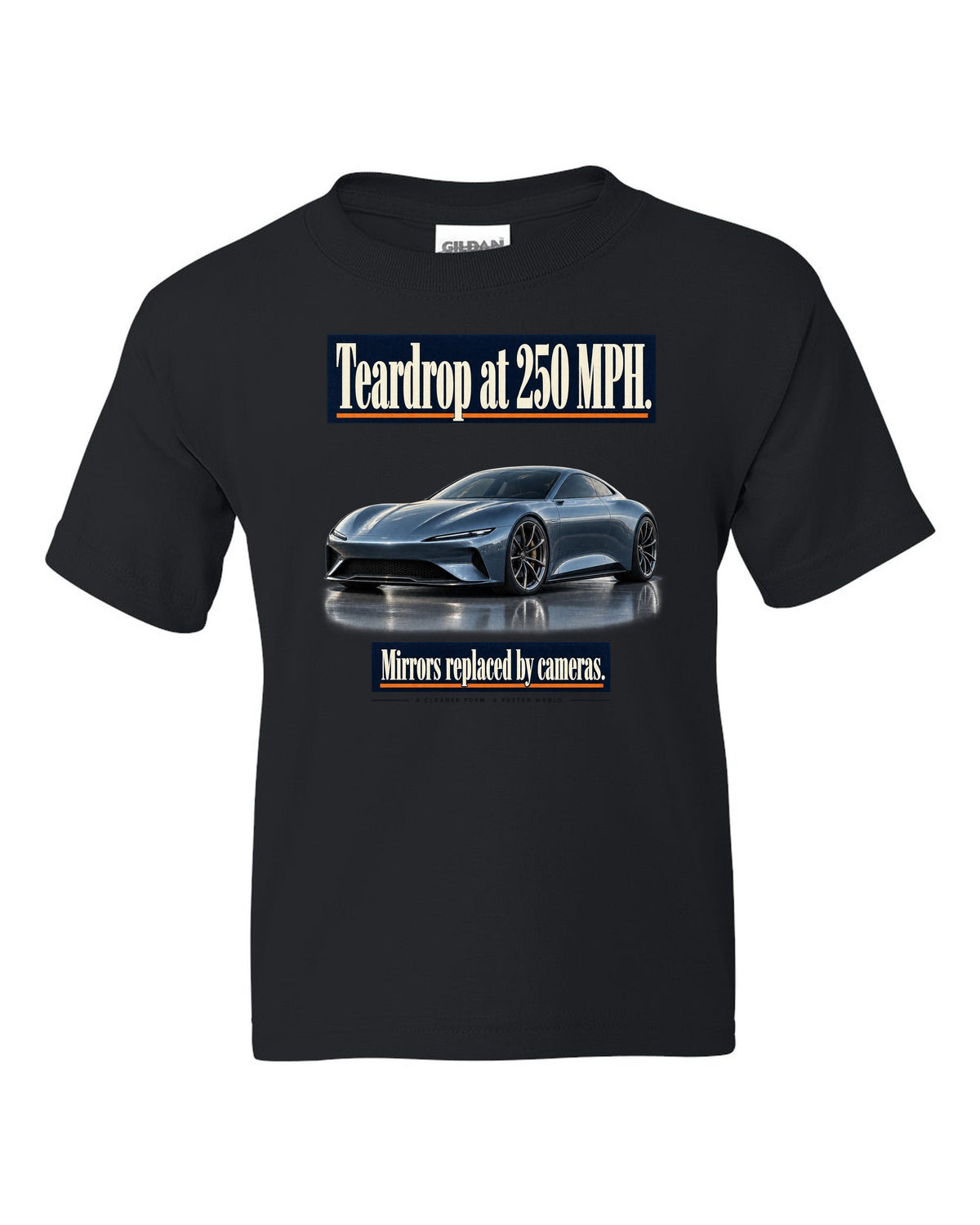 Editorial headline print of a steel blue McLaren Speedtail black kids tee front view with the design