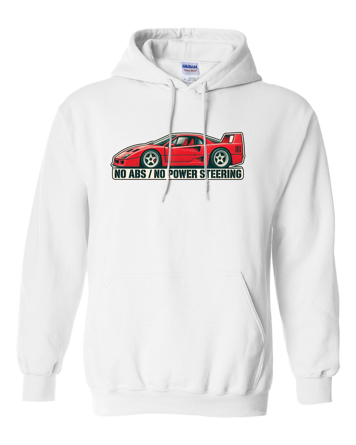 Two-colour halftone risograph print of a 1987 Ferrari F40 F120 with no ABS and no power steering text white pull over hoodie front view with the design