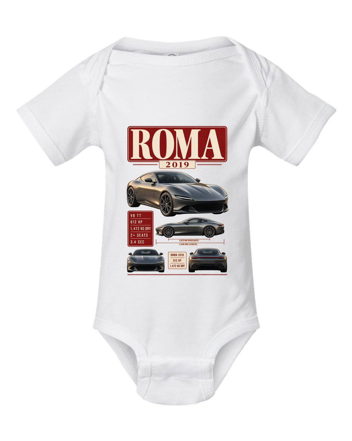 Archive panel print of the Ferrari Roma with 2019 spec text white baby onesie front view with the design