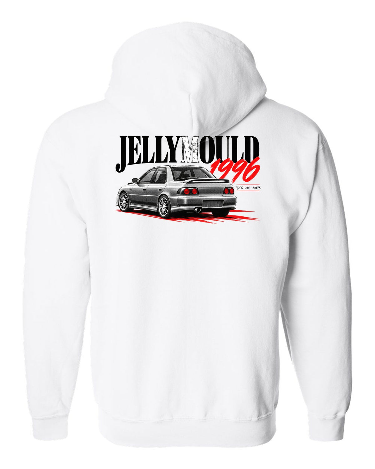 Subaru Impreza WRX GC8 saloon 1996 with Jellymould headline and EJ20G 240 PS text white zip hoodie back view with the design
