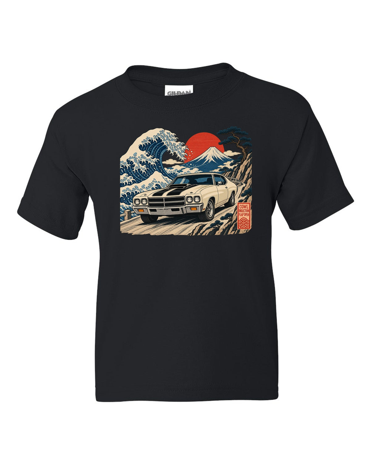Ukiyo-e woodblock print of a 1970 Chevelle SS with the text Cowl Induction, Flap Open black kids tee front view with the design