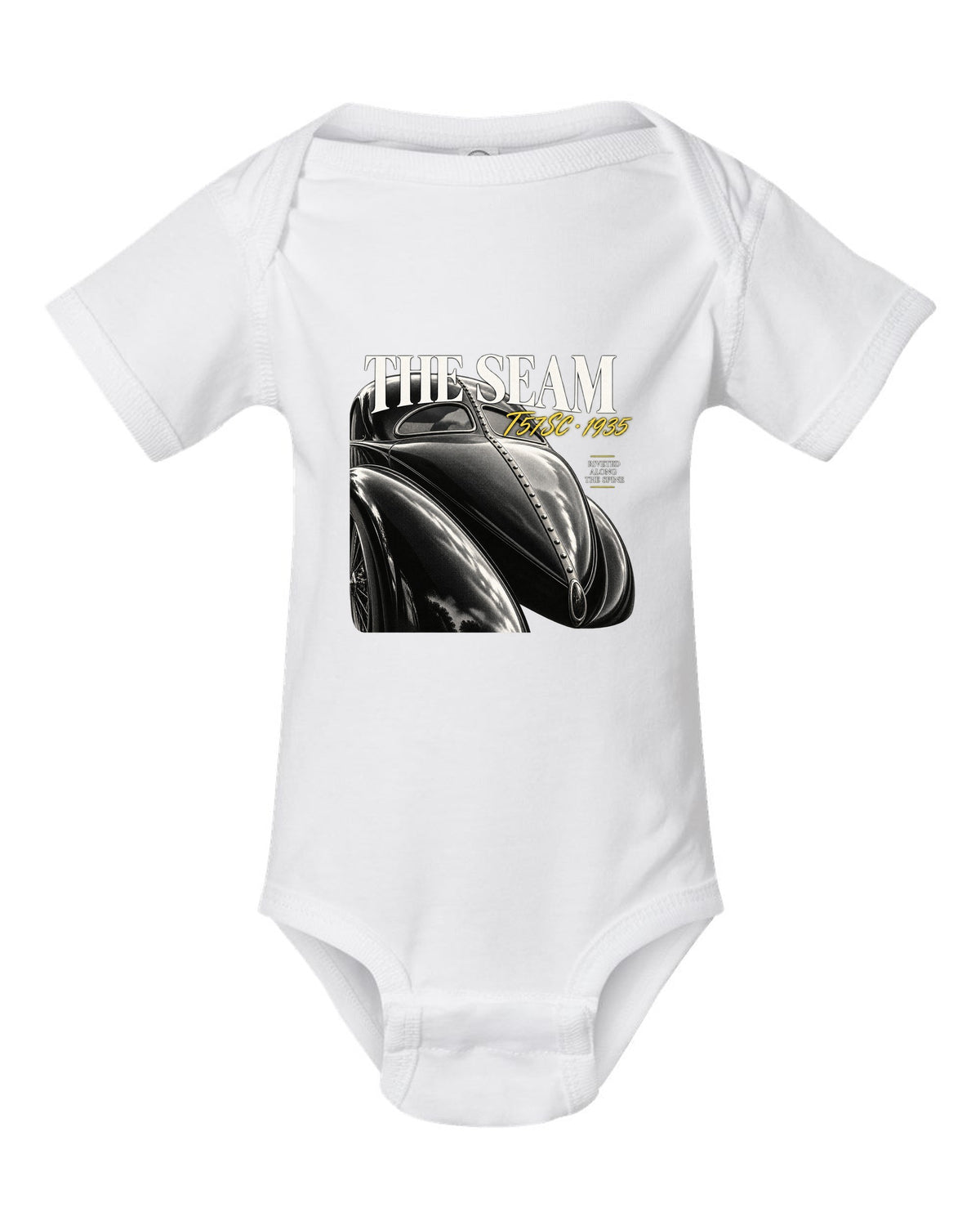 Close macro print of the riveted dorsal seam on a 1935 Bugatti Type 57SC Atlantic white baby onesie front view with the design