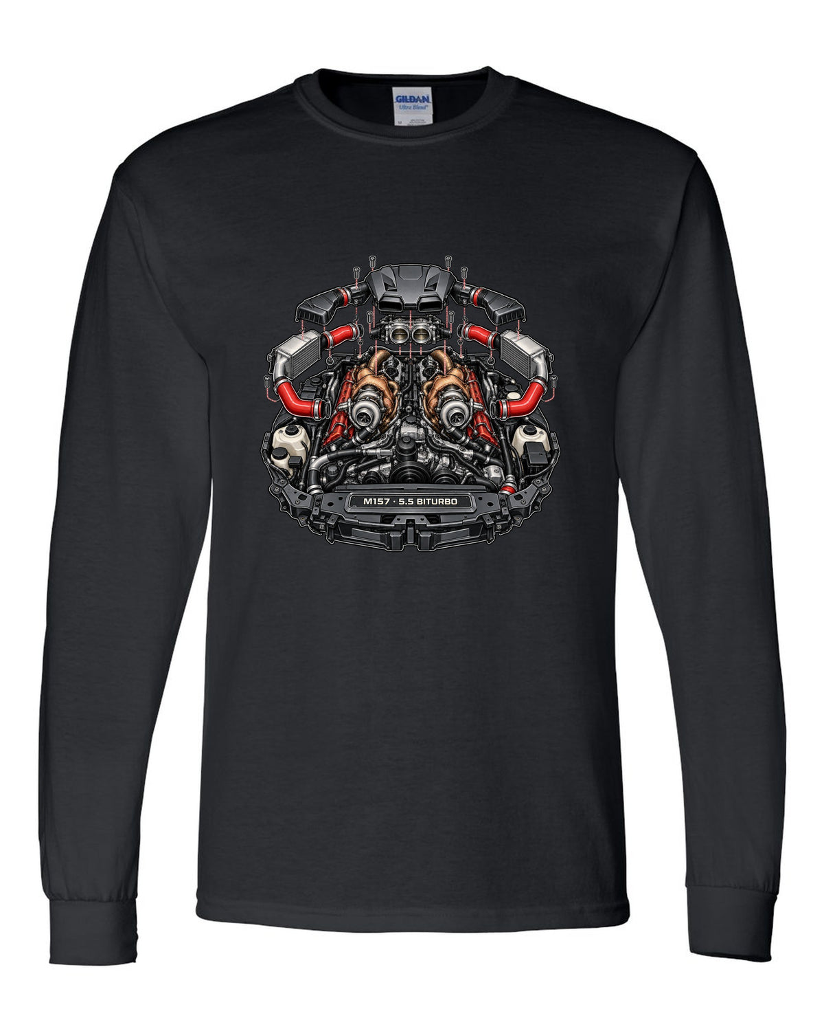 Hand-painted anime mountain road with a Mercedes E63 AMG Wagon S213 drifting black long sleeve front view with the design