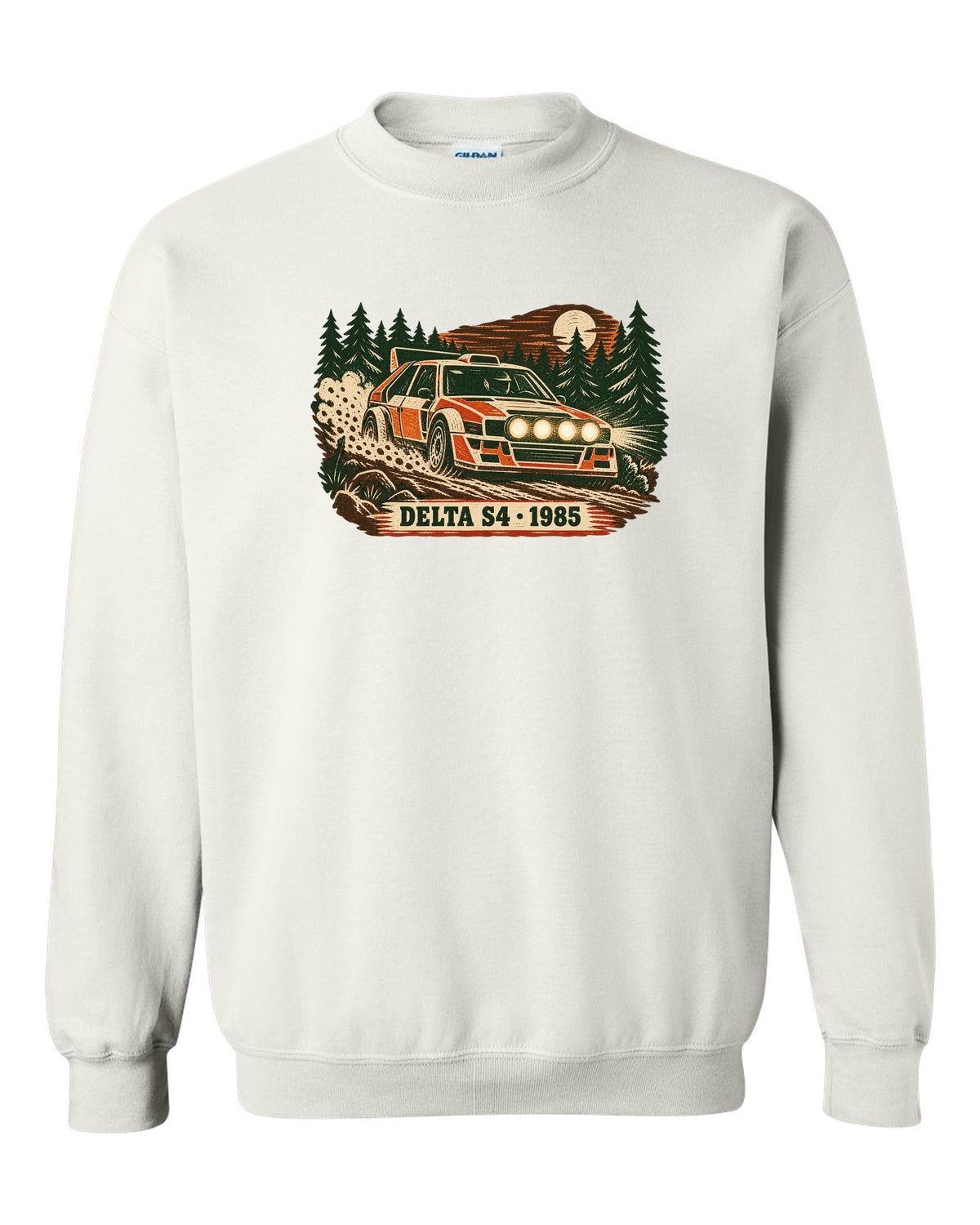 Multi-block linocut print of a 1985 Lancia Delta S4 on a forest rally stage white crewneck front view with the design
