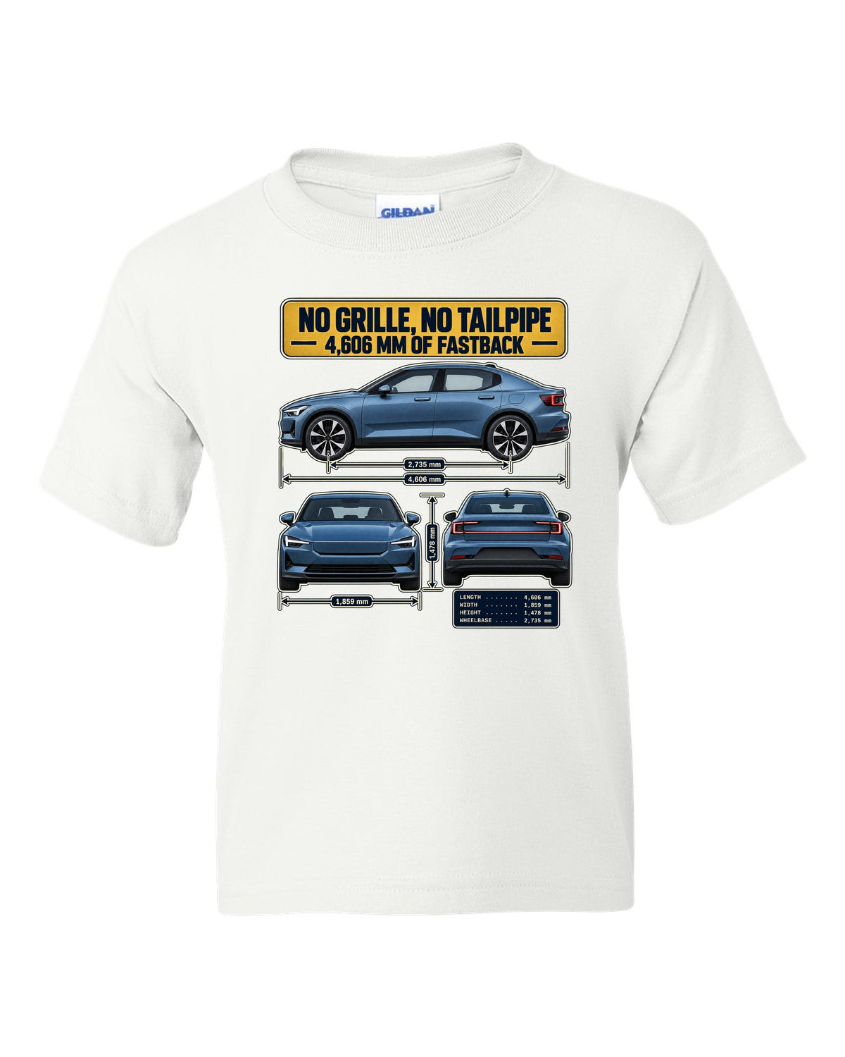 Three-view spec table print of a Polestar 2 fastback 2020-2023 white kids tee front view with the design