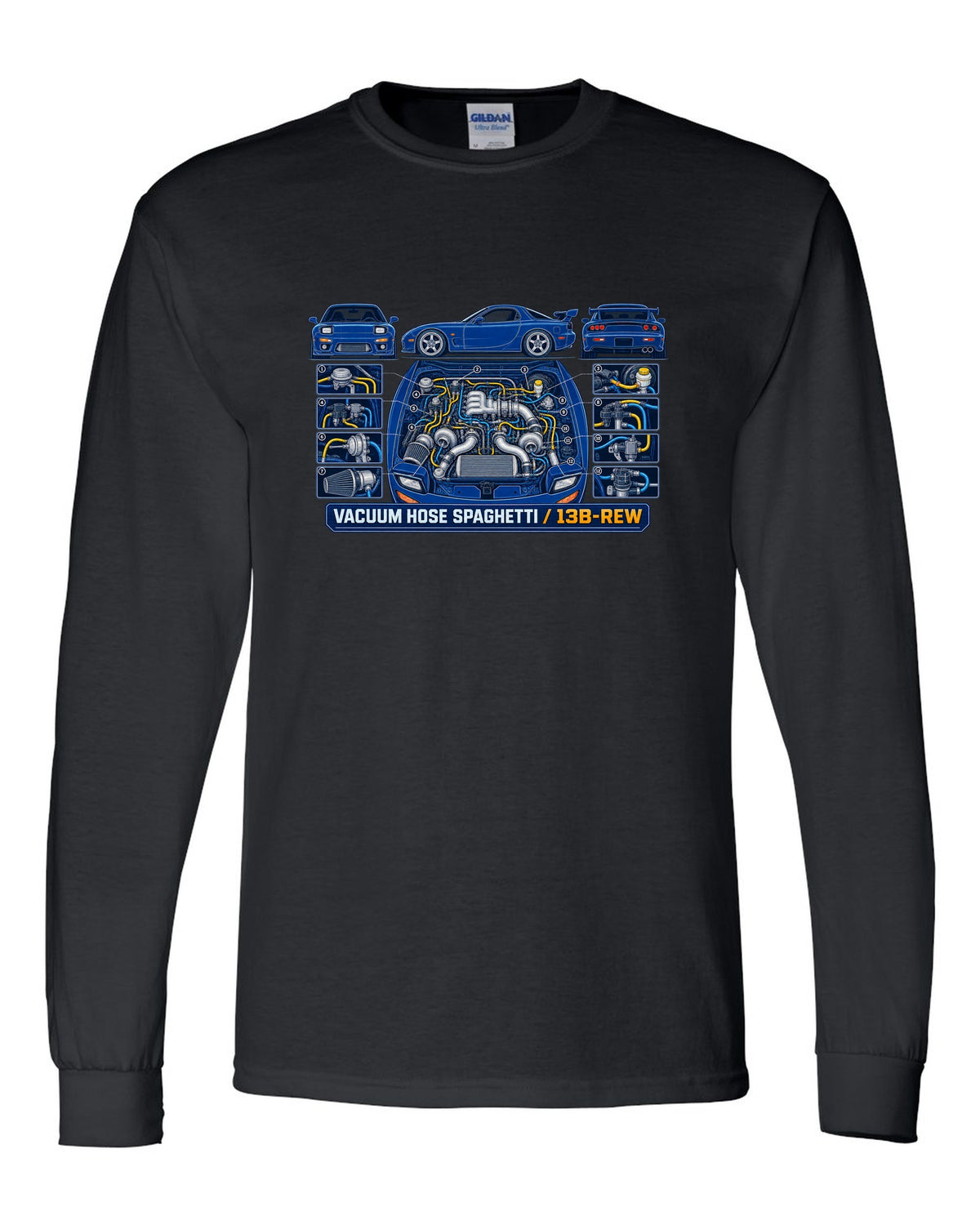 Patent drawing schematic print of a Mazda RX-7 FD3S 13B-REW with text Vacuum Hose Spaghetti black long sleeve front view with the design