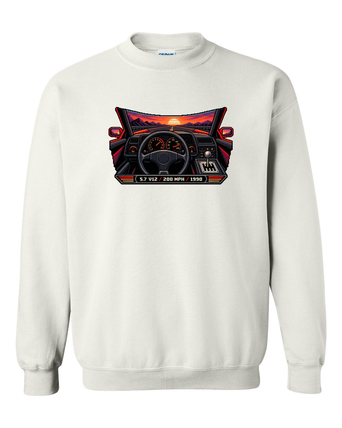 Pixel art Lamborghini Diablo from 1990 with gated shifter and 5.7 V12 200 MPH lettering white crewneck front view with the design
