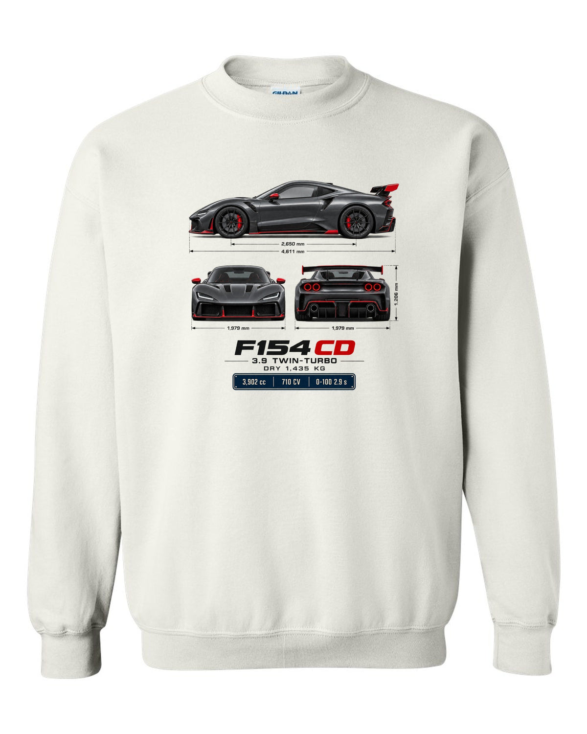 Ferrari F8 Tributo three-view spec table print with F154 CD engine code white crewneck front view with the design