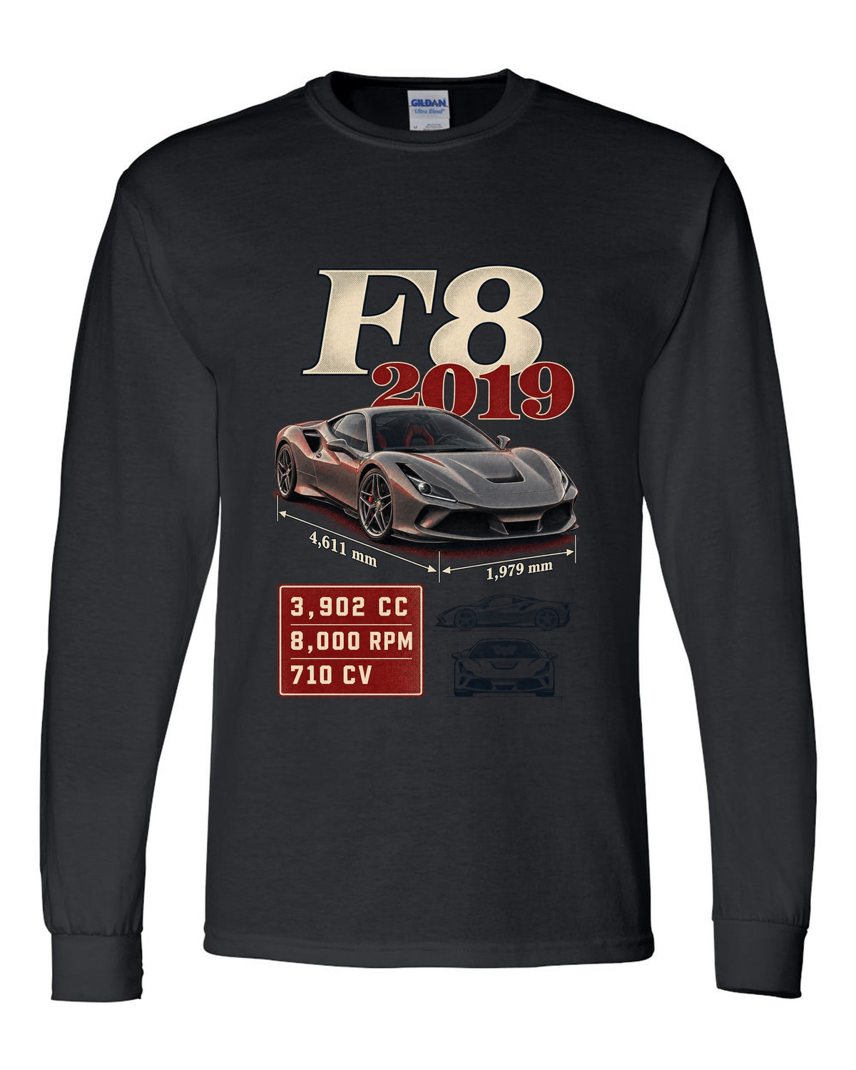 Ferrari F8 Tributo archive panel print listing 3,902 cc, 8,000 rpm, 710 CV black long sleeve front view with the design