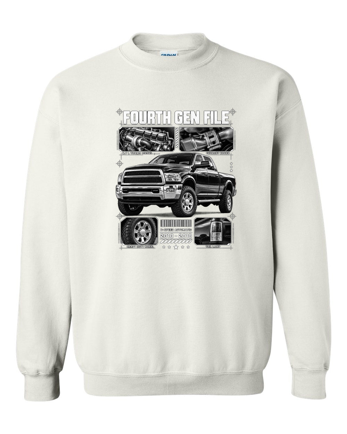 Blueprint dossier print of a 2010-2018 Ram 2500 fourth generation turbo diesel pickup white crewneck front view with the design