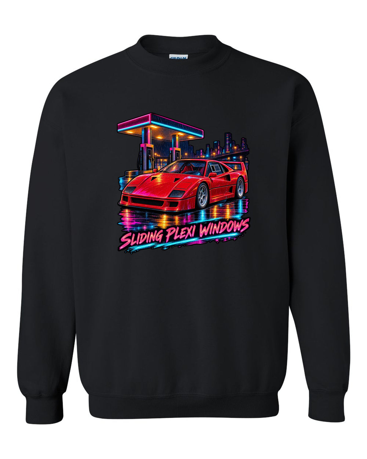 Neon night-city gouache print of a 1987 Ferrari F40 F120 with sliding plexi windows text black crewneck front view with the design