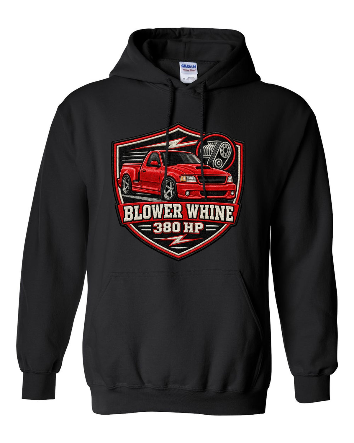 Ford F-150 SVT Lightning 1999-2004 in an embroidered varsity crest print black pull over hoodie front view with the design