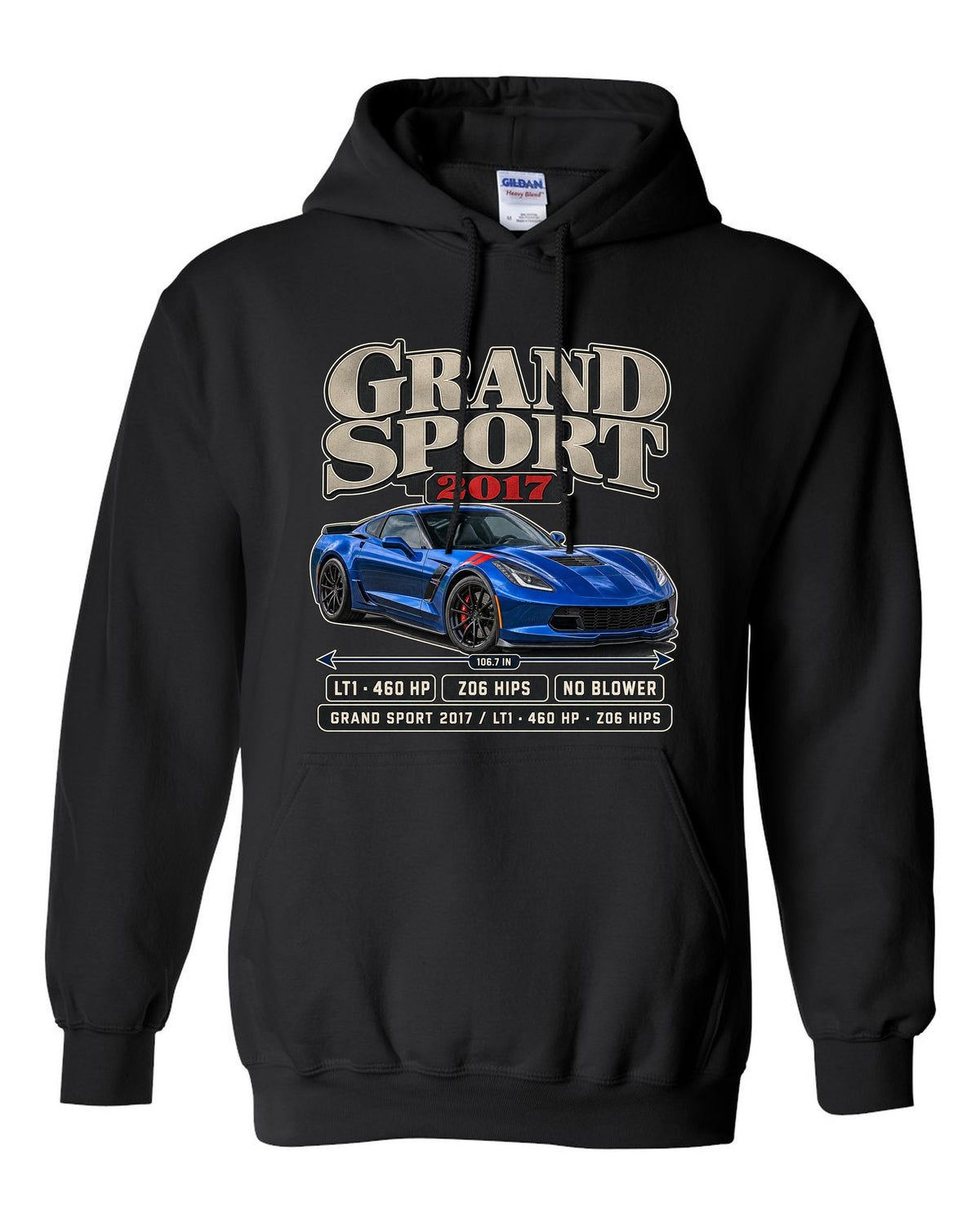 print of a Chevrolet Corvette C7 Grand Sport archive panel with LT1 and 460 HP text black pull over hoodie front view with the design