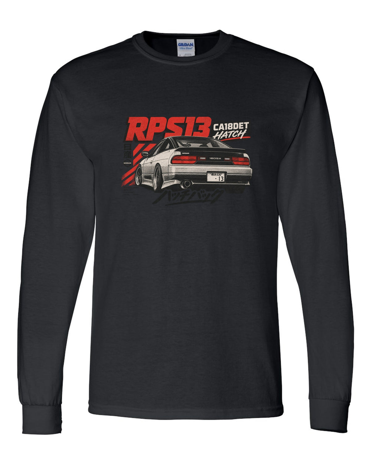 Risograph three-colour rear view print of a Nissan 180SX RPS13 ch with CA18DET text black long sleeve front view with the design