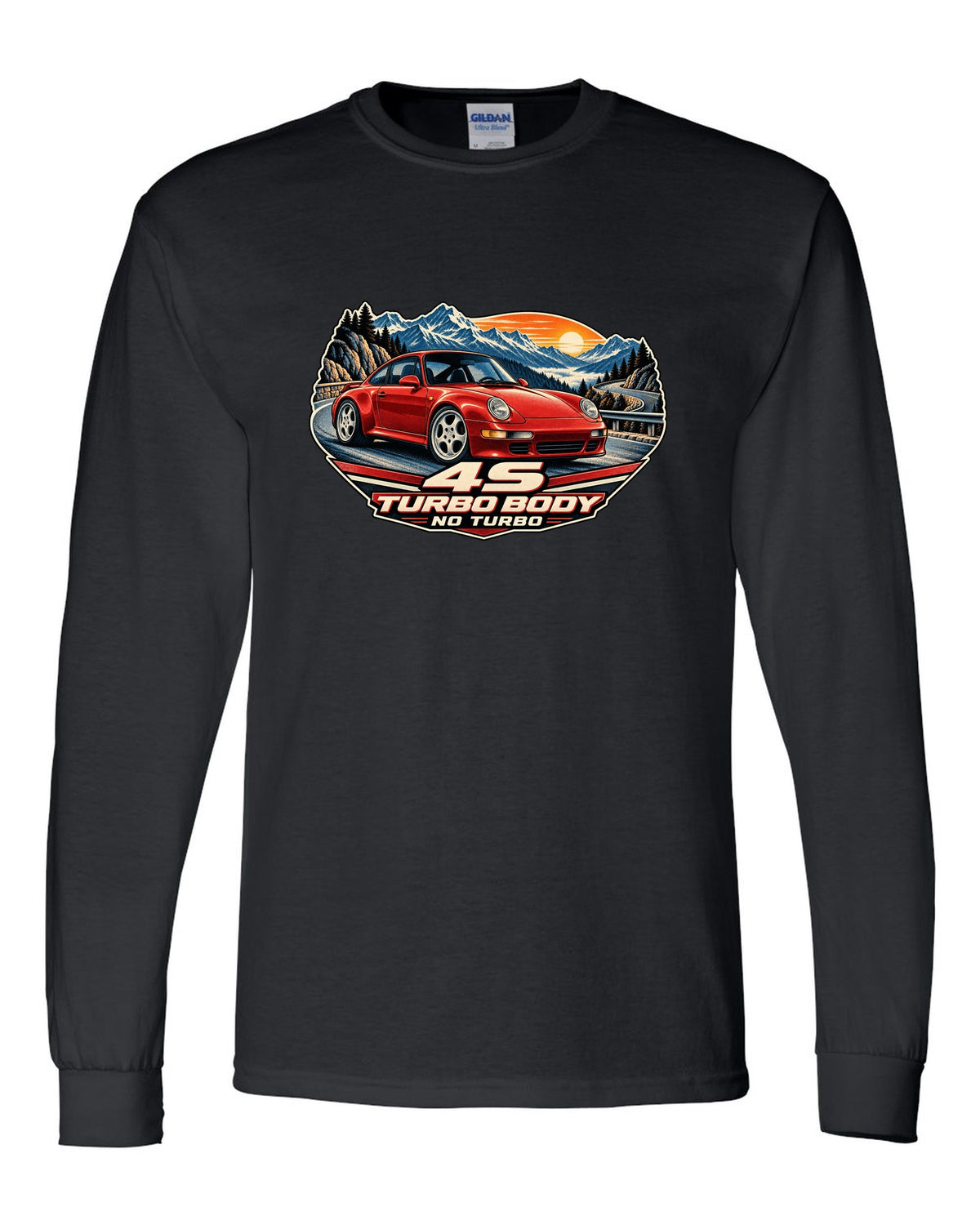 Shield crest print of a 1973 Porsche 911 Carrera RS 2.7 ducktail with the text RS 2.7, 210 PS and 975 KG black long sleeve front view with the design