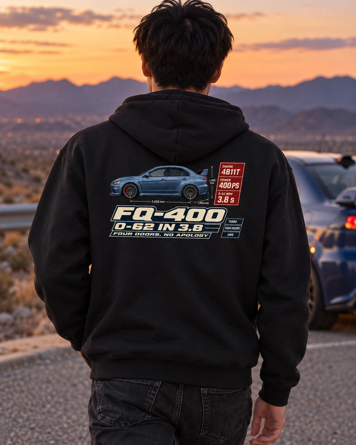 Evo X FQ-400 Spec Poster Tee, 0-62 in 3.8, Four Doors Zip Hoodie Black worn hero