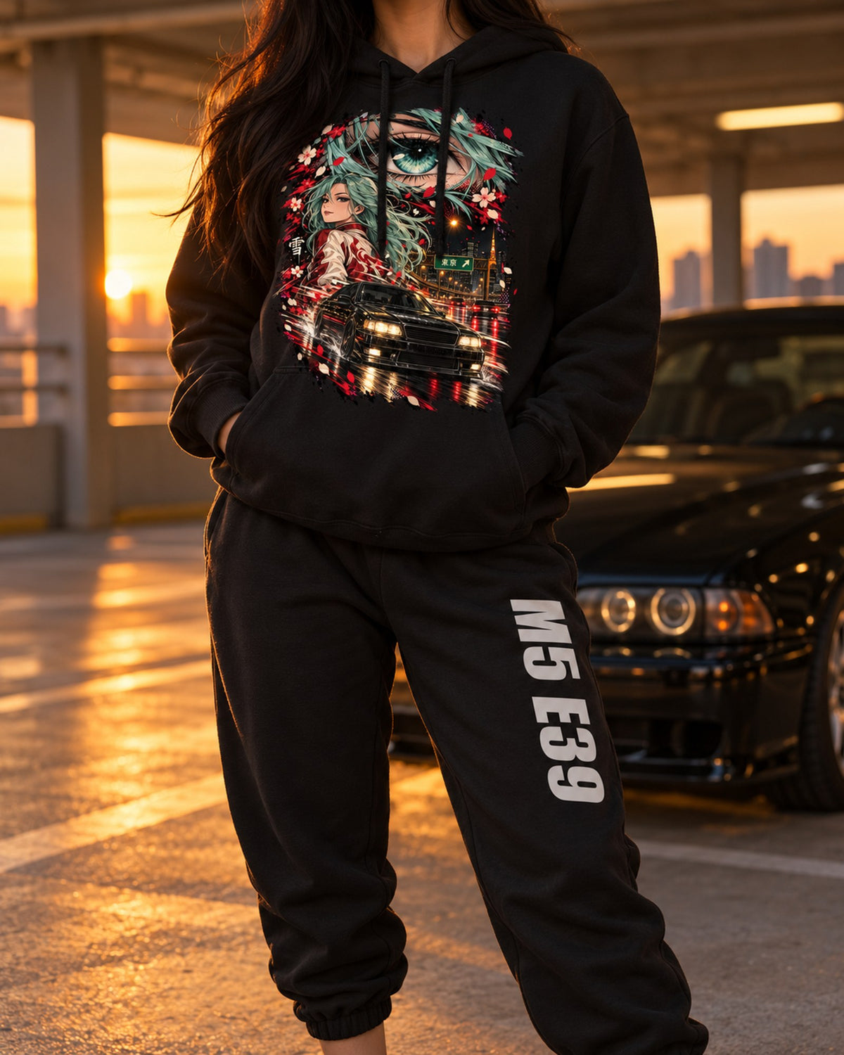 BMW M5 E39 Anime Girl Hoodie + Jogger Set Black worn hero