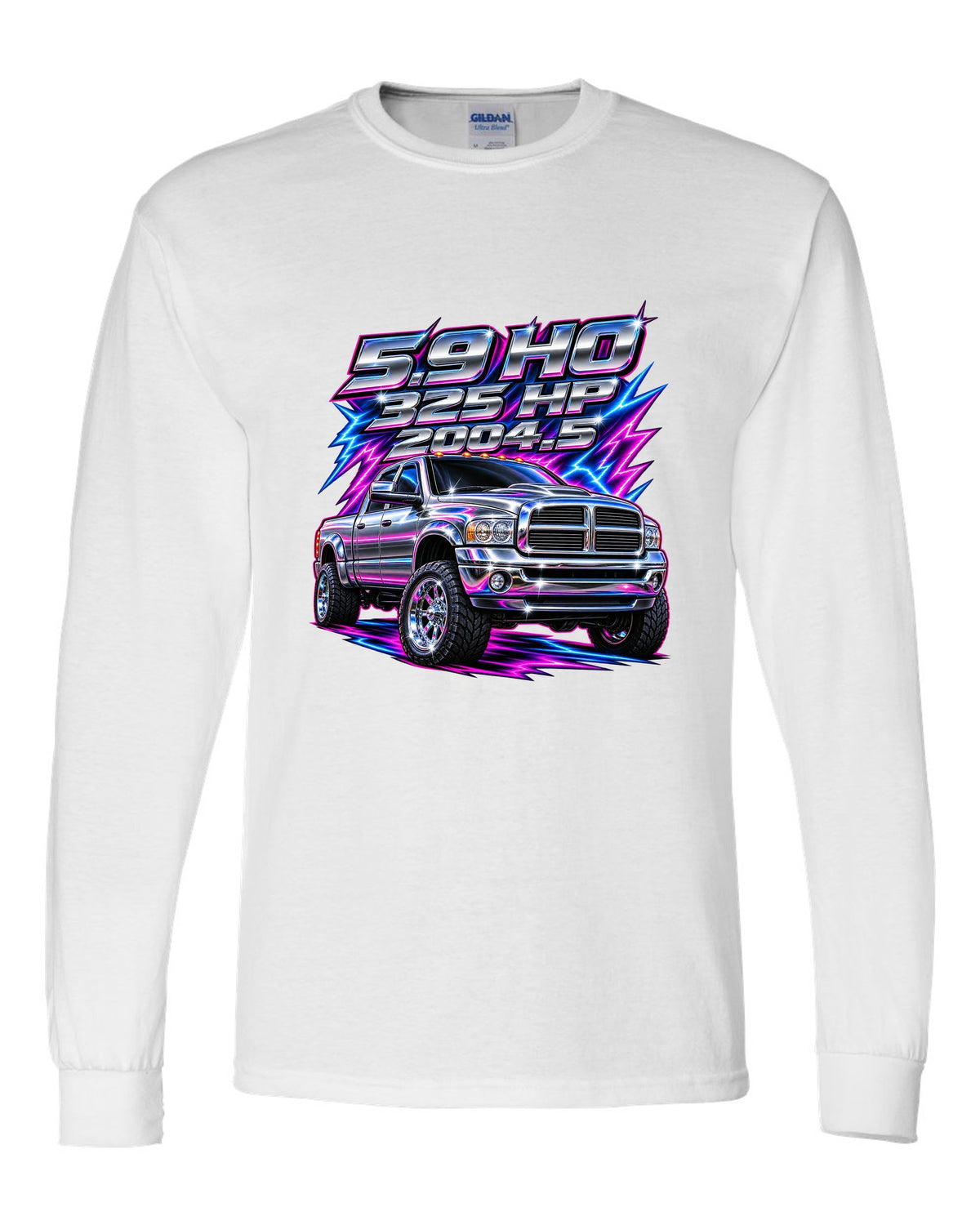 80s chrome airbrush print of a 2003-2009 Dodge Ram 2500 Cummins with 5.9 HO 325 HP 2004.5 text white long sleeve front view with the design