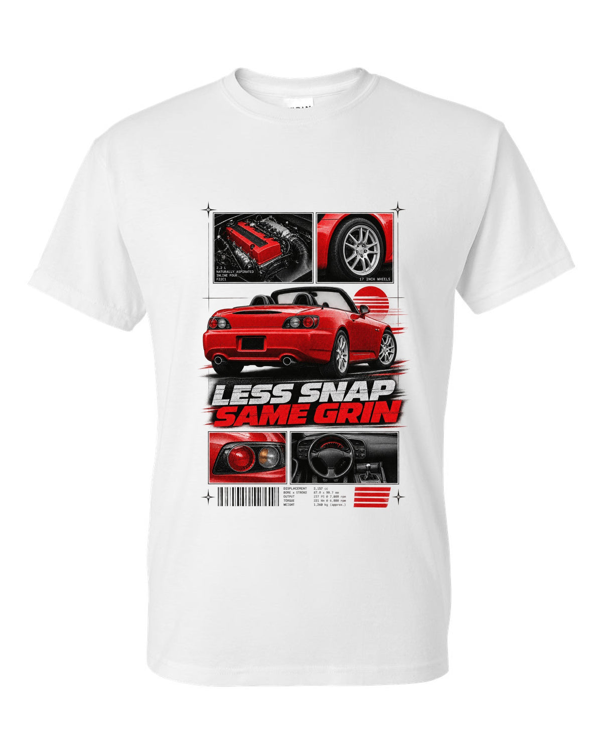 Honda S2000 AP2 roadster dossier panels design with 17 inch wheels less snap same grin text white t-shirt front view with the design