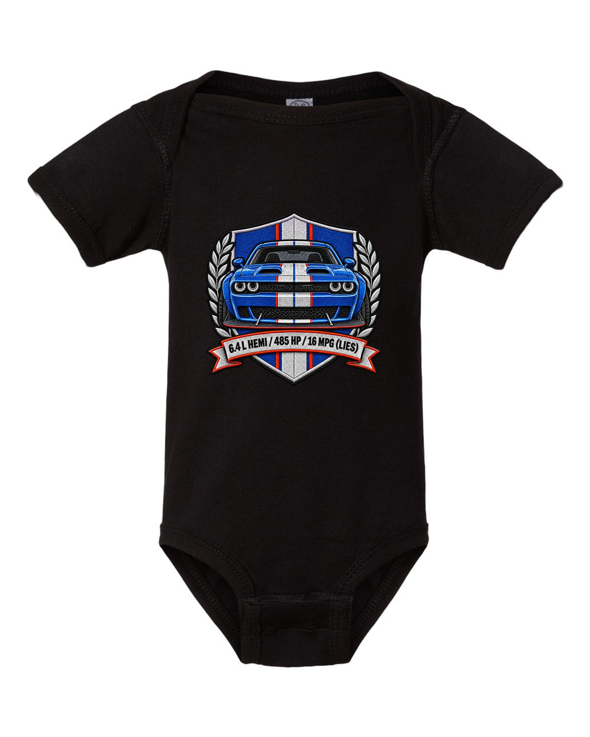 Embroidered shield patch design for a 2015 Dodge Challenger Scat Pack 392 Widebody with 6.4 L HEMI specs black baby onesie front view with the design