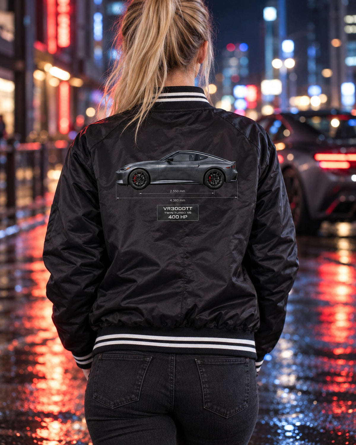 2024 Nissan Z NISMO Spec Panel Shirt, Dossier Print Bomber Jacket Black worn hero