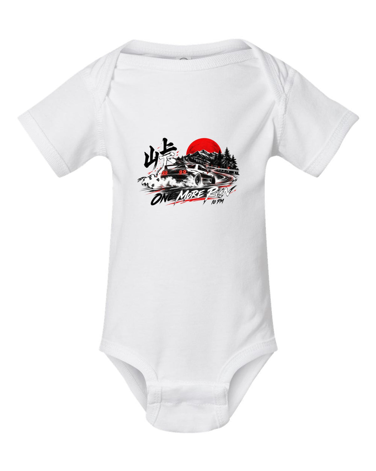 Night cornering print of a Mazda RX-7 FD3S with one more run lettering white baby onesie front view with the design