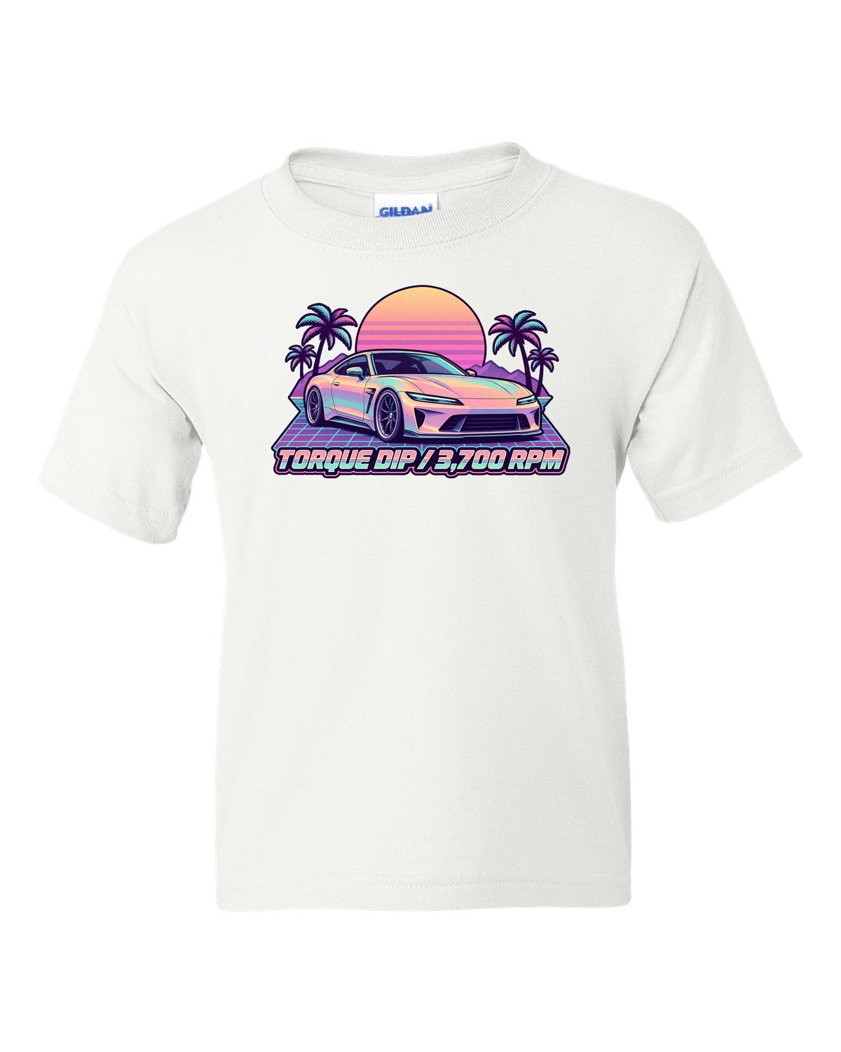 Pastel vaporwave illustration of a Toyota 86 ZN6 with Torque Dip 3,700 RPM lettering white kids tee front view with the design