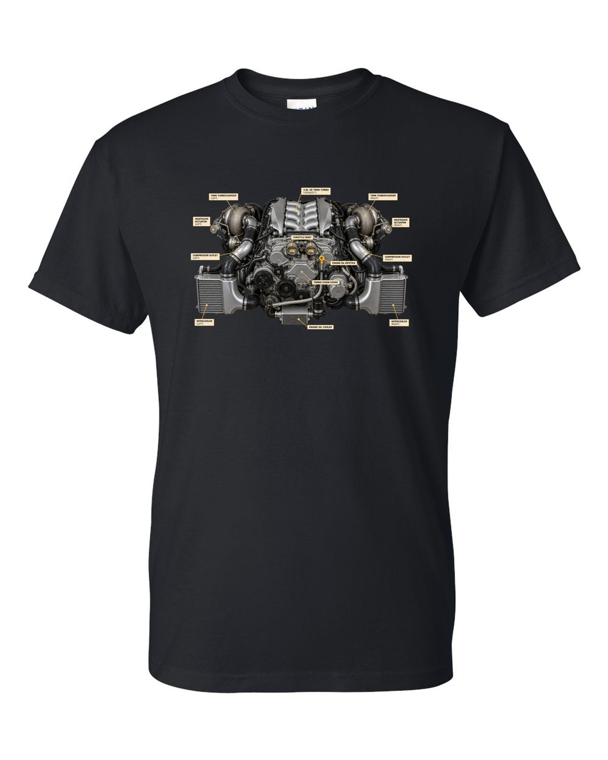 Nissan GT-R R35 2009 Premium dimension blueprint with engine text black t-shirt front view with the design