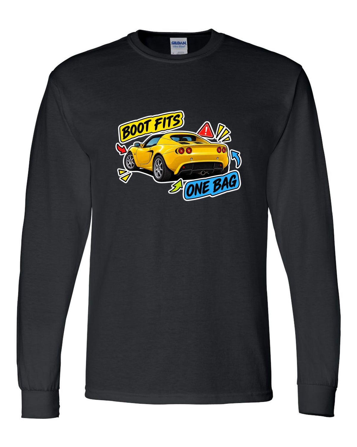 Lotus Elise S2 sticker bomb collage with BOOT FITS ONE BAG lettering black long sleeve front view with the design
