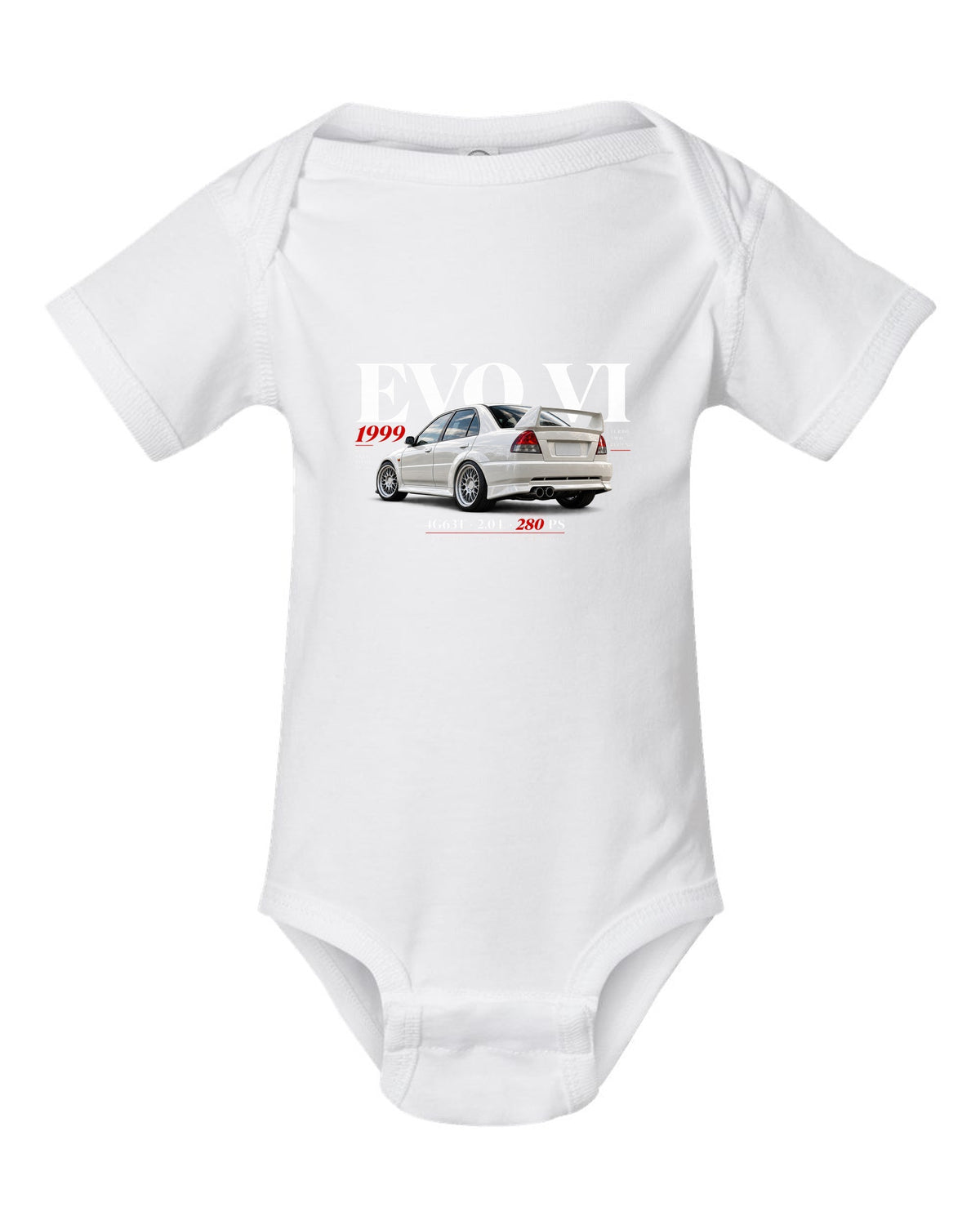 Mitsubishi Lancer Evolution VI TME CP9A editorial headline with 4G63T specs white baby onesie front view with the design
