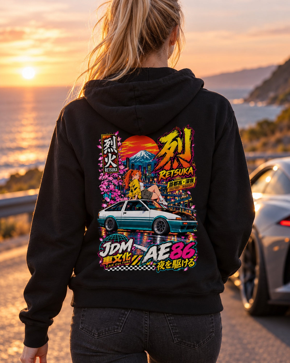 RETSUKA AE86 Anime Girl Full-Back Graphic Tee Zip Hoodie Black worn hero