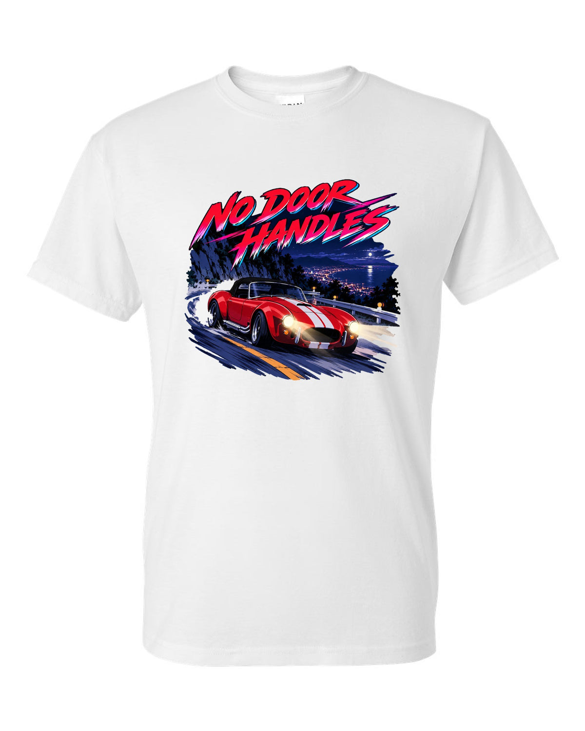 Cel-shaded anime night touge scene with a 1995 Dodge Viper RT/10 SR I and no door handles caption white t-shirt front view with the design