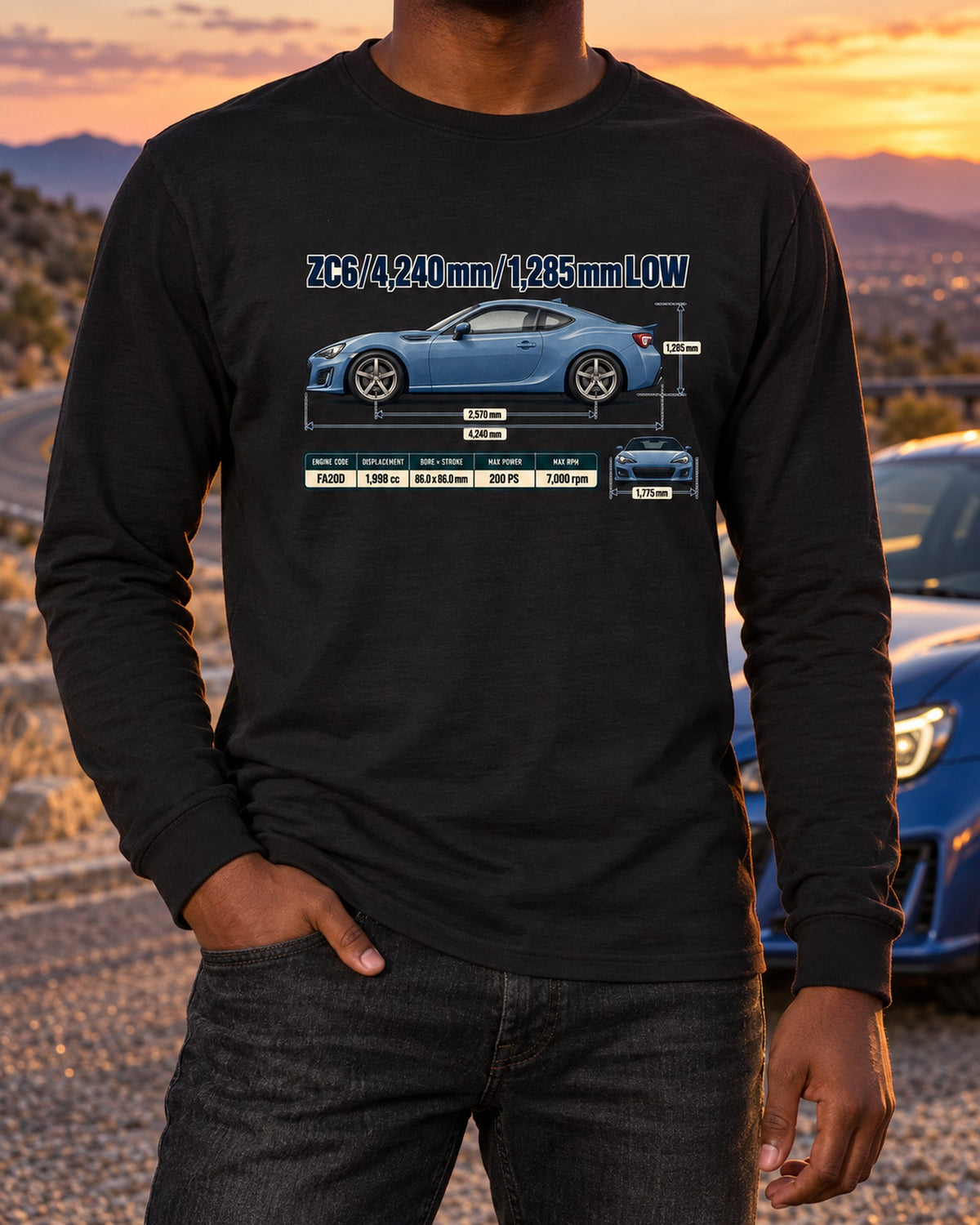 Subaru BRZ ZC6 Dimension Blueprint Shirt, Low-Slung Car Gift Long Sleeve Black worn hero