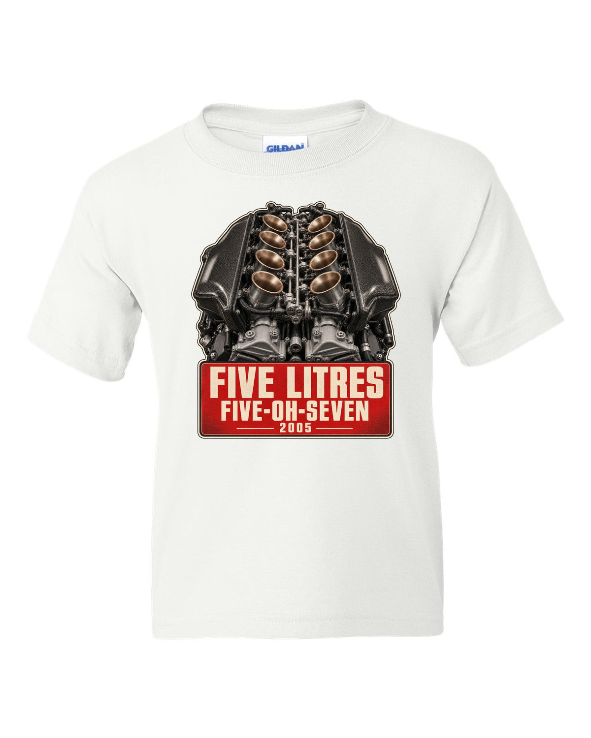 BMW M5 E60 S85 V10 engine poster-style print white kids tee front view with the design