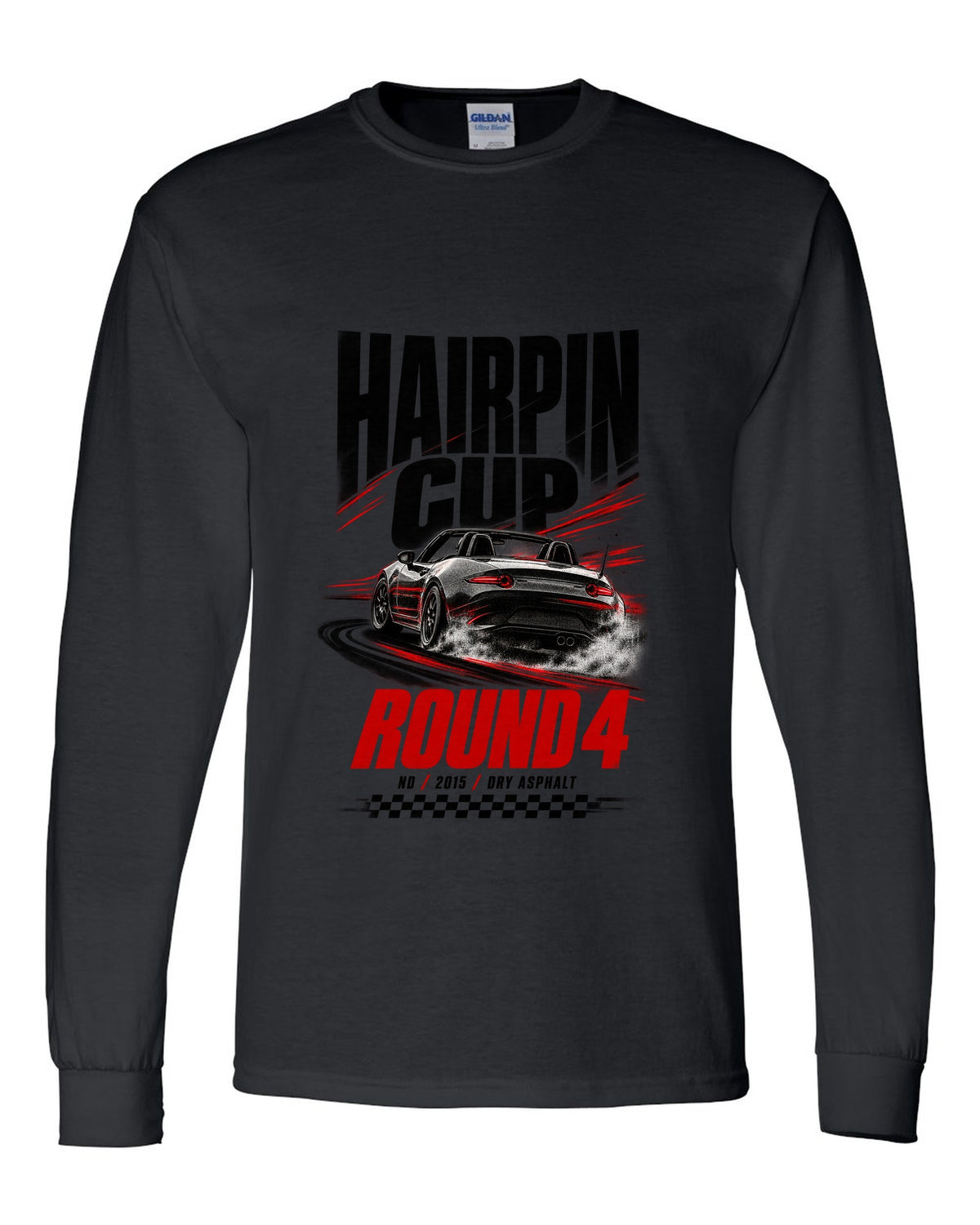 Race poster print of a Mazda MX-5 ND for the Hairpin Cup round 4 black long sleeve front view with the design