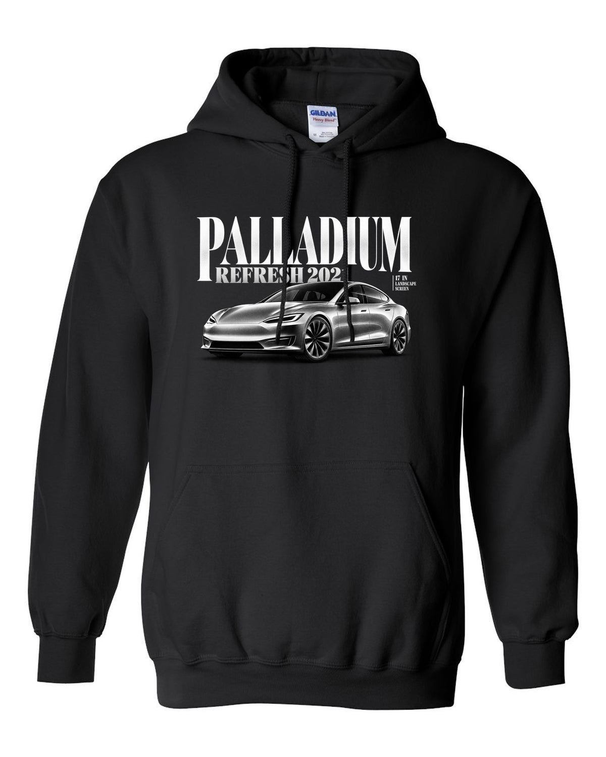 Editorial headline print of a Tesla Model S Palladium 2021 front three-quarter view black pull over hoodie front view with the design