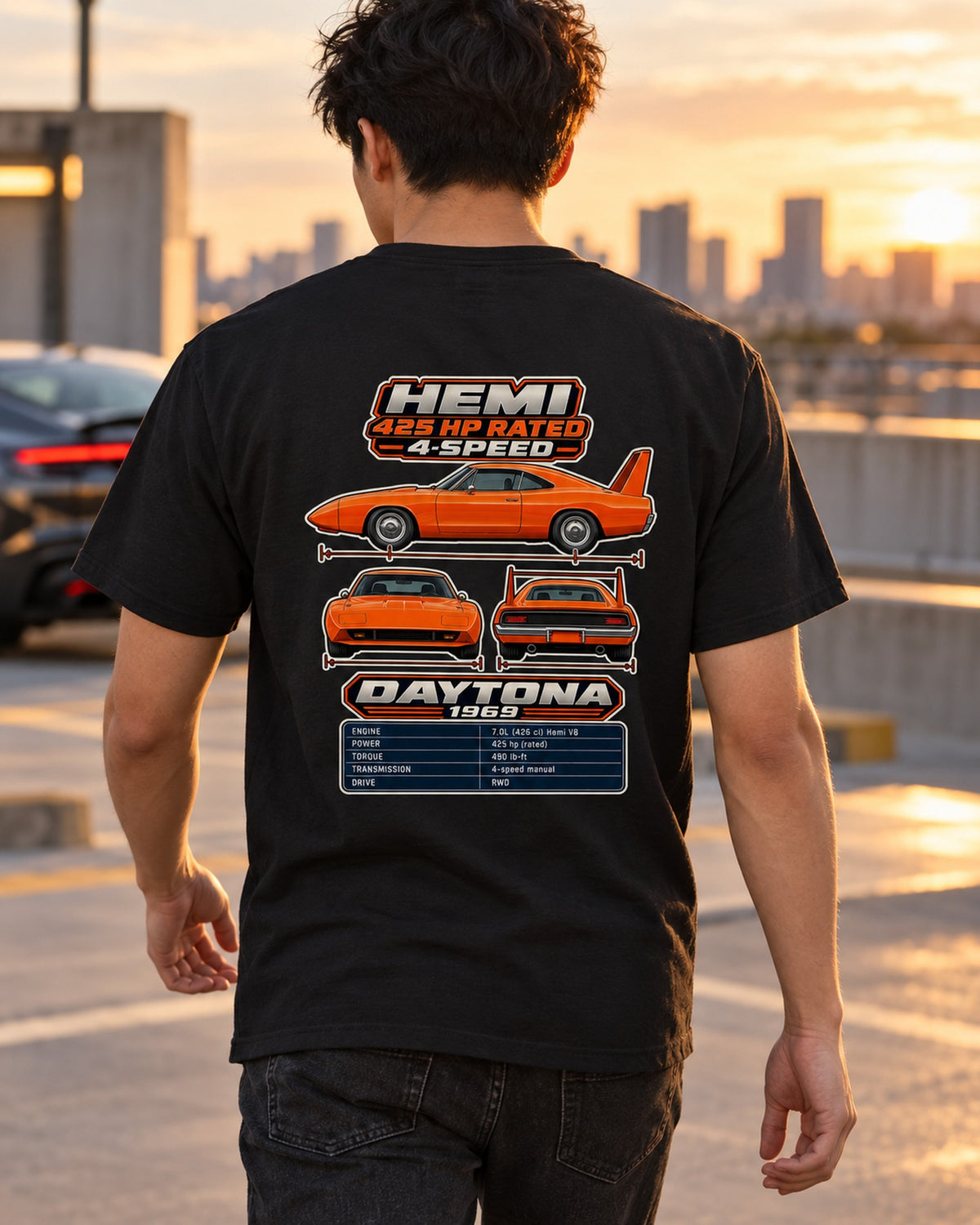Dodge Charger Daytona Spec Sheet Full-Back Graphic Tee T-Shirt Black worn hero